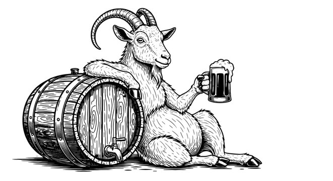 Relaxed Goat Enjoying Beer by Wooden Barrel: A Classic Illustration for Brewery Advertising, Oktoberfest Celebrations, and Rustic Pub Decor, Featuring Vintage Style, Hand-Drawn Detailing, Brew Festiva - Powered by Adobe