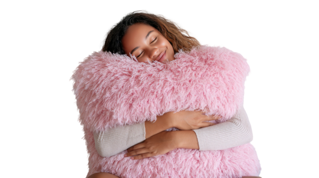  Young woman hugging large fluffy pink pillow with gentle smile and cozy relaxed mood showing comfort, isolated on white background