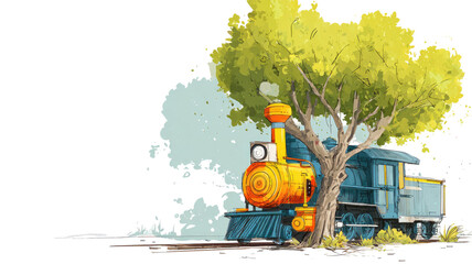 Vector illustration of a cartoon tree with a roller on a construction site with heavy industrial equipment like a yellow bulldozer and an excavator