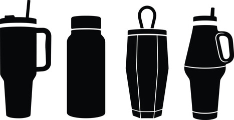 Silhouettes of different modern reusable water bottles, tumblers, and shakers with lids, straws, and handles, perfect for travel and daily hydration.