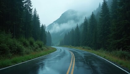 Wet asphalt road curves through dense pine forest on a foggy day. Misty mountains loom behind tall evergreen trees shrouded in atmospheric mist.