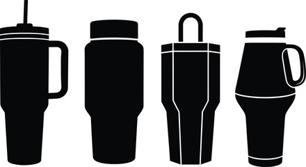 Large insulated tumbler and water bottle black and white vector icons set. Modern beverage flasks and travel mugs with handle and straw silhouette collection for cold drinks, hydration.