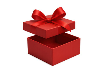 Red gift box opening, showing an empty container, with a decorative bow on the lid. Transparent background
