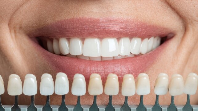 Bright smile showcases dental options with various shades of teeth and a confident patient in a dental clinic setting
