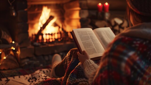 Cozy winter evening with a person reading a book beside a warm fireplace, surrounded by soft festive lights and candles. Peaceful Christmas home atmosphere, relaxation, comfort and holiday lifestyle.