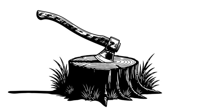 Axe Embedded in Tree Stump Illustration - Woodcutting, Forestry, Logging Industry Design Element, Lumberjack Tool, Hand Drawn, Etching Style for Rustic Decor and Outdoorsy Projects (Nature, Camp, Cabi