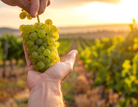 Hand holds a bunch of ripe, green grapes against vineyard landscape at sunset