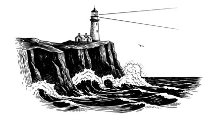 Lighthouse Beacon on Cliffside Waves Crashing Vintage Engraving Illustration, Coastal Navigation, Seascape Scene with a Tower Shining Light, Sea Storm, Maritime History, Navigation and Guidance for Tr