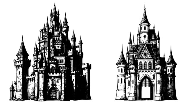 Two Fantasy Castles Standing Tall with Ornate Towers and Gothic Architecture, Evoking Fairytales in a Medieval Setting for Historical Presentations, Magic-Themed Events, Digital Illustrations, and Enc