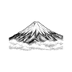 A detailed hand-drawn sketch of mount fuji with snow on the peak rising above the clouds a national symbol