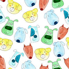 seamless pattern of watercolor dogs illustration. Multicolored funny cute dog portraits