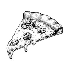 A hand-drawn sketch of a delicious slice of pizza with dripping cheese and pepperoni a classic italian food