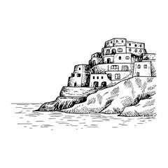 A detailed hand-drawn sketch of an italian cliffside village on the coast overlooking the sea ideal for travel