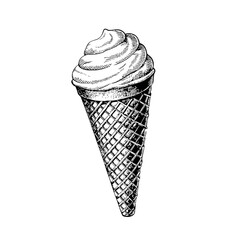A hand-drawn illustration of a delicious soft-serve ice cream cone perfect for food and summer themes