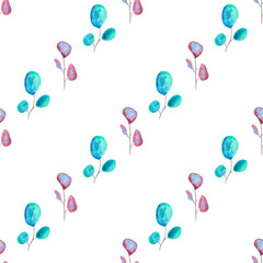 purple and turquoise eucalyptus watercolor leaves on white background, hand drawn, seamless pattern