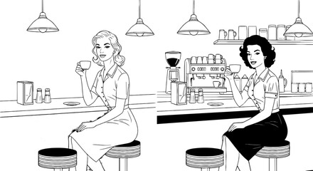 Retro Diner Scene: Elegant Woman Enjoying Coffee Break at Classic American Cafe Counter, Sipping Beverage and Relaxing in Vintage-Style Eatery, Conceptual Illustration for Nostalgia, Lifestyle, Advert