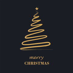 Christmas tree hand drawn brush stroke and words Merry Christmas in golden color. Luxury design for christmas invitation card. Tree silhouette with star. Colored flat vector illustration