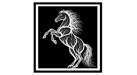 Majestic Rearing Horse with Tree Branch Veins Silhouette on Black Backdrop - Powerful Stallion Artwork for Nature, Fantasy, Mythology, Tattoo Design, Artistic Symbolism & Strength in Bold Black and Wh