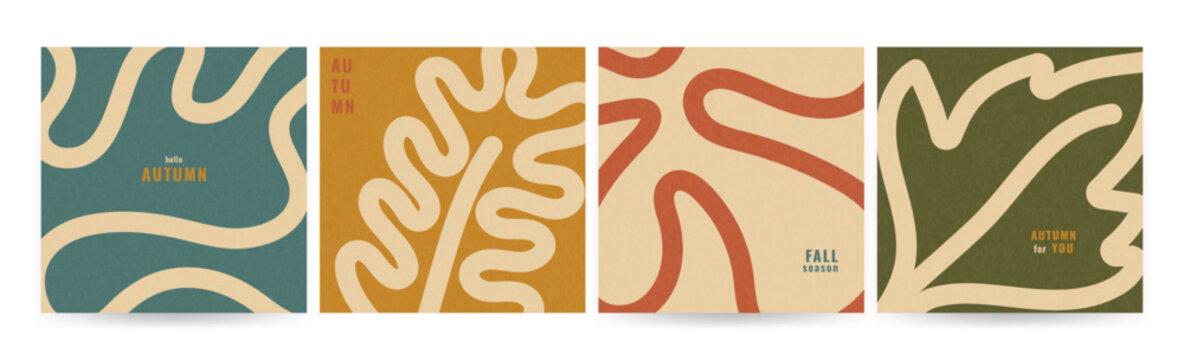 Autumn poster set. Abstract wavy lines and fall leaves with grainy texture. Simple vintage color template for print, card, poster. Square post for social media, web, sale