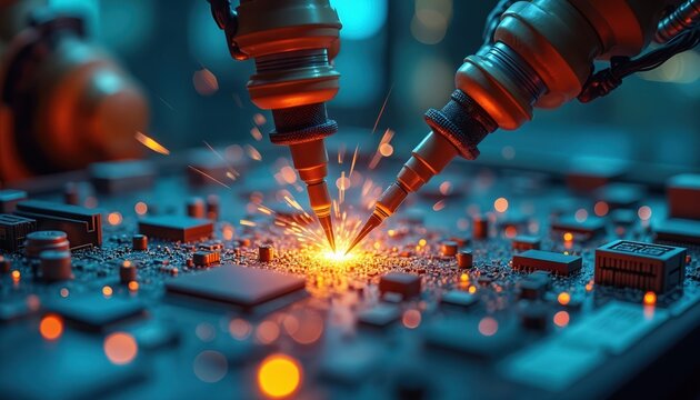 Circuit board assembled by robotic arms with sparks. Tech innovation in electronic manufacturing. Robots soldering elements on motherboard. Smart automation in industry. Printed circuit board