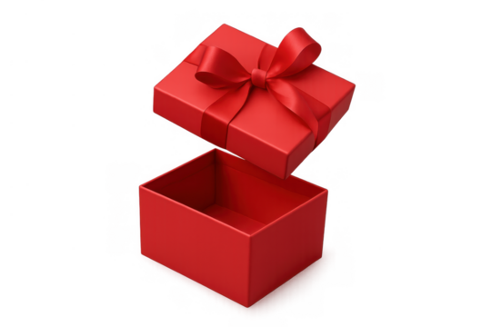 Red gift box opening, lid floating above empty present package for surprise and celebration concept
