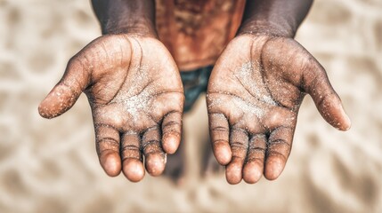 Fototapeta premium Open palms covered in sand, reaching out from a beach setting.