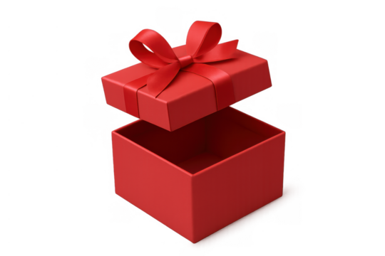 Red gift box lid floating above open empty present box, a surprise concept with ribbon bow, transparent background