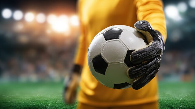 Goalkeeper in yellow jersey holds soccer ball with black glove on field.