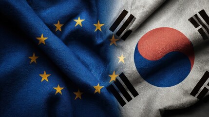 Flags of the European Union and South Korea intertwine, symbolizing diplomatic relations and international cooperation in a globalized world