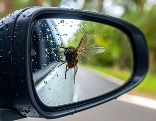 Insect reflected in car side mirror, rain drops visible, green background