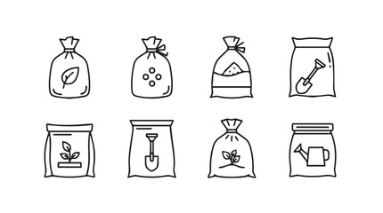 Collection of garden seed fertilizer and soil bag icons hand drawn sketches silhouette
