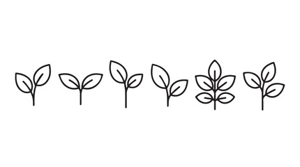 Six stylized line art seedling icons representing growth and nature concepts silhouette