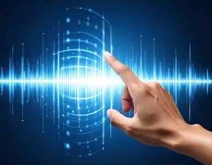 Hand interacts with a blue digital wave, signifying technological connection