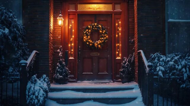 Christmas wreath with glowing LED lights decorating the entrance of a house during a snowfall at night, creating a warm and festive atmosphere