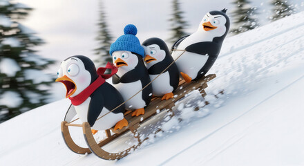 Cartoon penguins race down a snowy hill on a wooden sled, creating a funny and energetic winter adventure full of laughter.