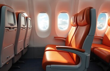 Modern airplane interior with orange leather seats and integrated controls. Comfortable passenger seats with headrests and armrests. Airplane cabin with windows showing blue sky and clouds.