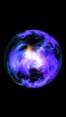 Abstract glowing purple and blue energy sphere with swirling smoke effect on black background