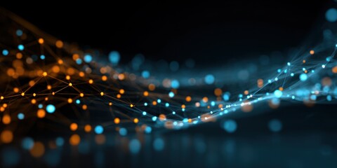 Abstract Data Flow with Blue and Orange Particles on Dark Background