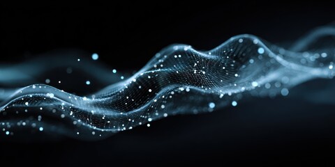 Abstract digital wave pattern with glowing particles on dark background
