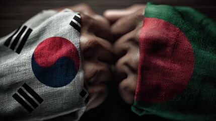 Hands united showcasing Korean and Bangladeshi flags in a gesture of friendship and cultural exchange