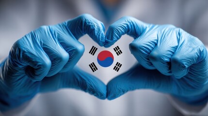 Hands in blue gloves making a heart shape with a South Korean flag in the background, symbolizing love for South Korea