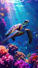 Vibrant Sea Turtle in Pixel Art Coral Reef