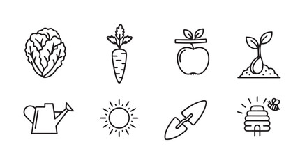 Garden icons set cultivation tools seedling watering can sun apple carrot lettuce silhouette