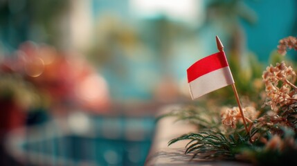 Small Indonesian flag placed in a garden with flowers and a blurred background of vibrant colors