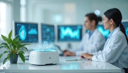 Two medical professionals in white lab coats work on computers in modern clinic. White device emits blue light, digital heart image on table. Multiple screens display health data, graphs in