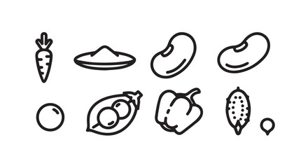 Collection of simple line art icons representing fresh vegetables and legumes for healthy eating silhouette