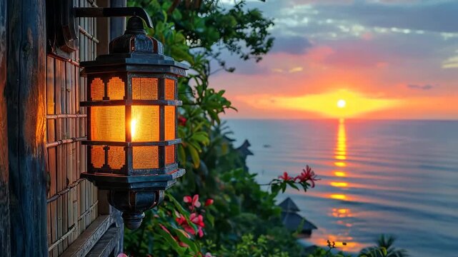 Beautiful sunset view from a tropical balcony with lantern lighting up the evening sky