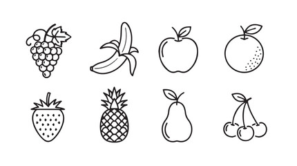 Collection of hand drawn fruit icons including grapes apple banana strawberry pineapple pear cherries silhouette