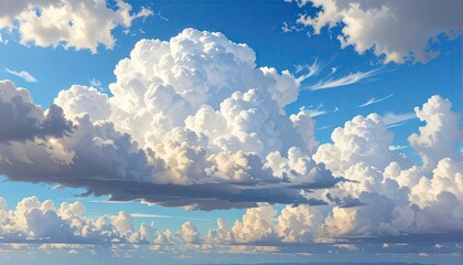 Panoramic View of a Bright Blue Sky Filled with Fluffy White Clouds Above a Distant City on the Horizon During a Sunny Day with Soft Lighting