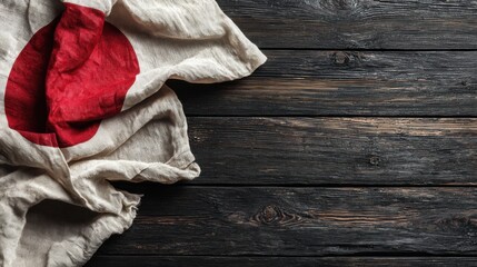 Japanese flag draped on wooden surface showcasing rich textures and colors of Japan's national symbol
